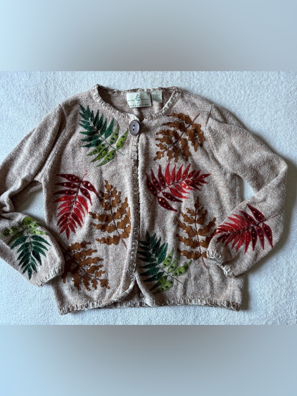 Design Options Philip Jane Gordon Cardigan, Fall Leaves Appliqué Sequins. Sz M